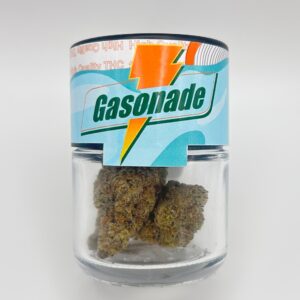 An eighth of the THCA flower Gasonade in a glass jar.