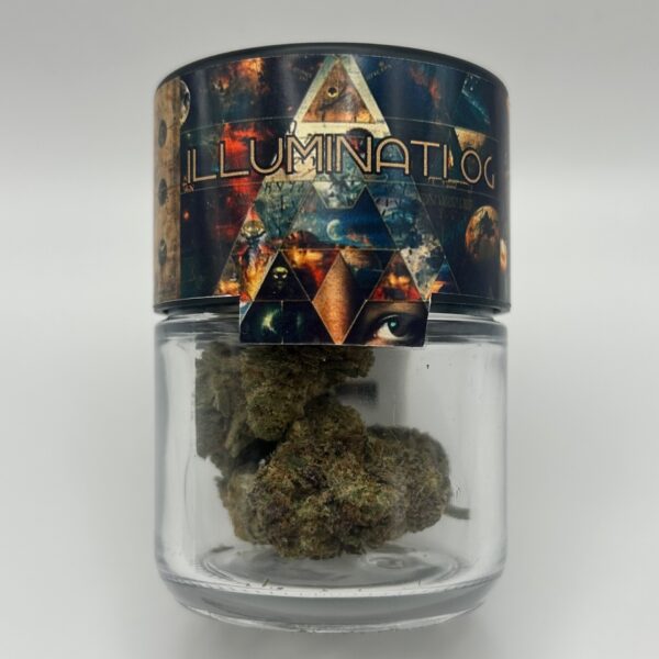 An eighth of the THCA flower Illuminati OG in a glass jar.