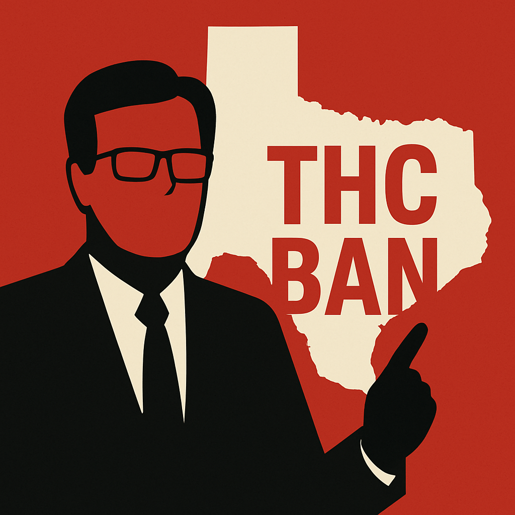 Dan Patrick's silhouetted over the State of Texas with the words THC BAN behind him.